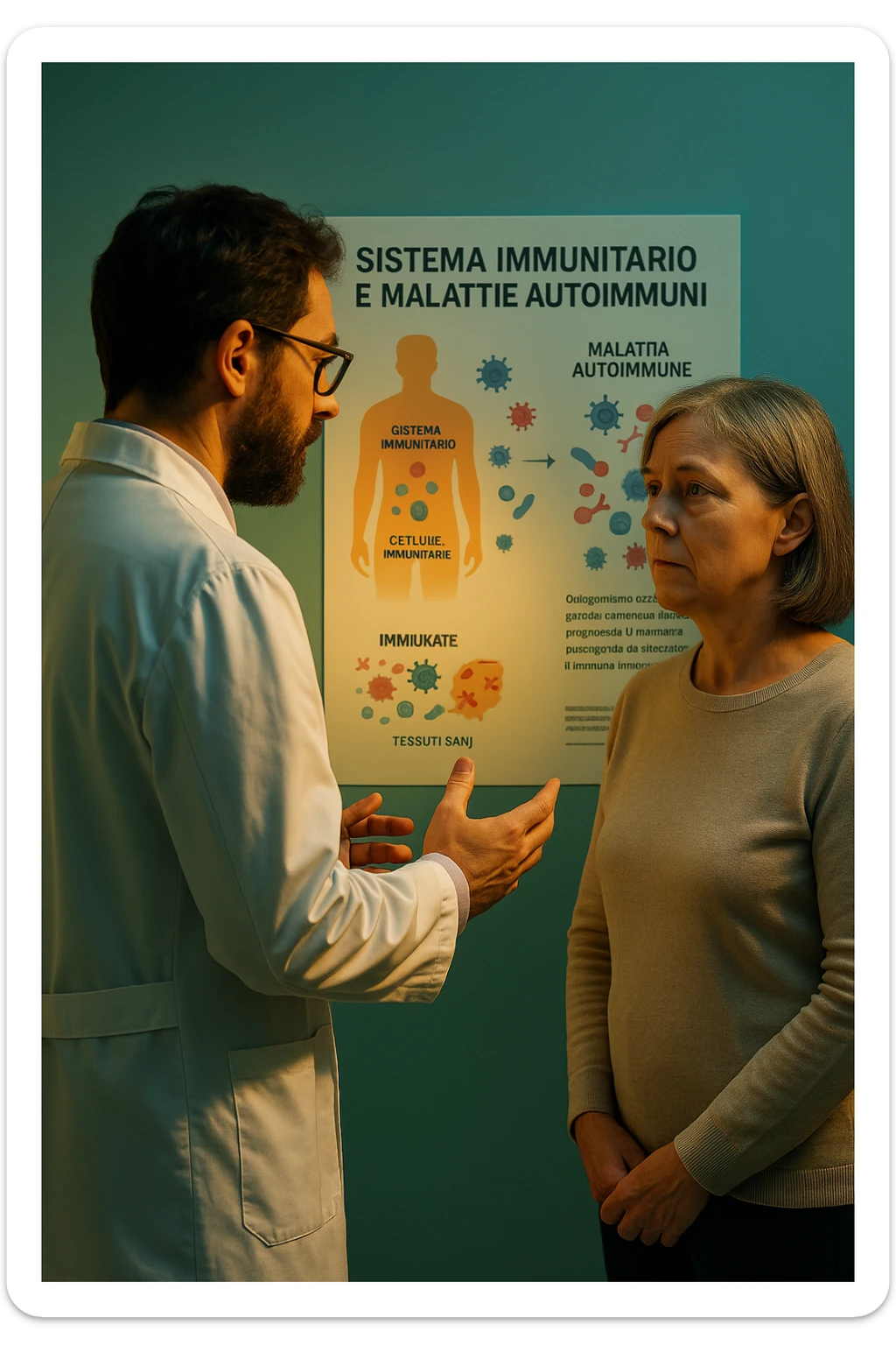 Foto tutta in italiano Realistic, detailed photo taken from behind of one doctor e un paziente —a bearded man and a middle-aged woman—standing and facing each other as they discuss an autoimmune disease diagnosis in front of a medical chart that displays information about the immune system and autoimmune conditions. The scene is illuminated by a yellowish, orange, warm light that softly envelops the doctors. The entire room is bathed in a single green-blue color, creating a cohesive and modern atmosphere. Both doctors wear white coats, and their body language suggests a serious, professional conversation about the complexities of autoimmune diseases. Shot with a Canon EOS R5, with high detail and natural depth of field. scritto in italiano sticker