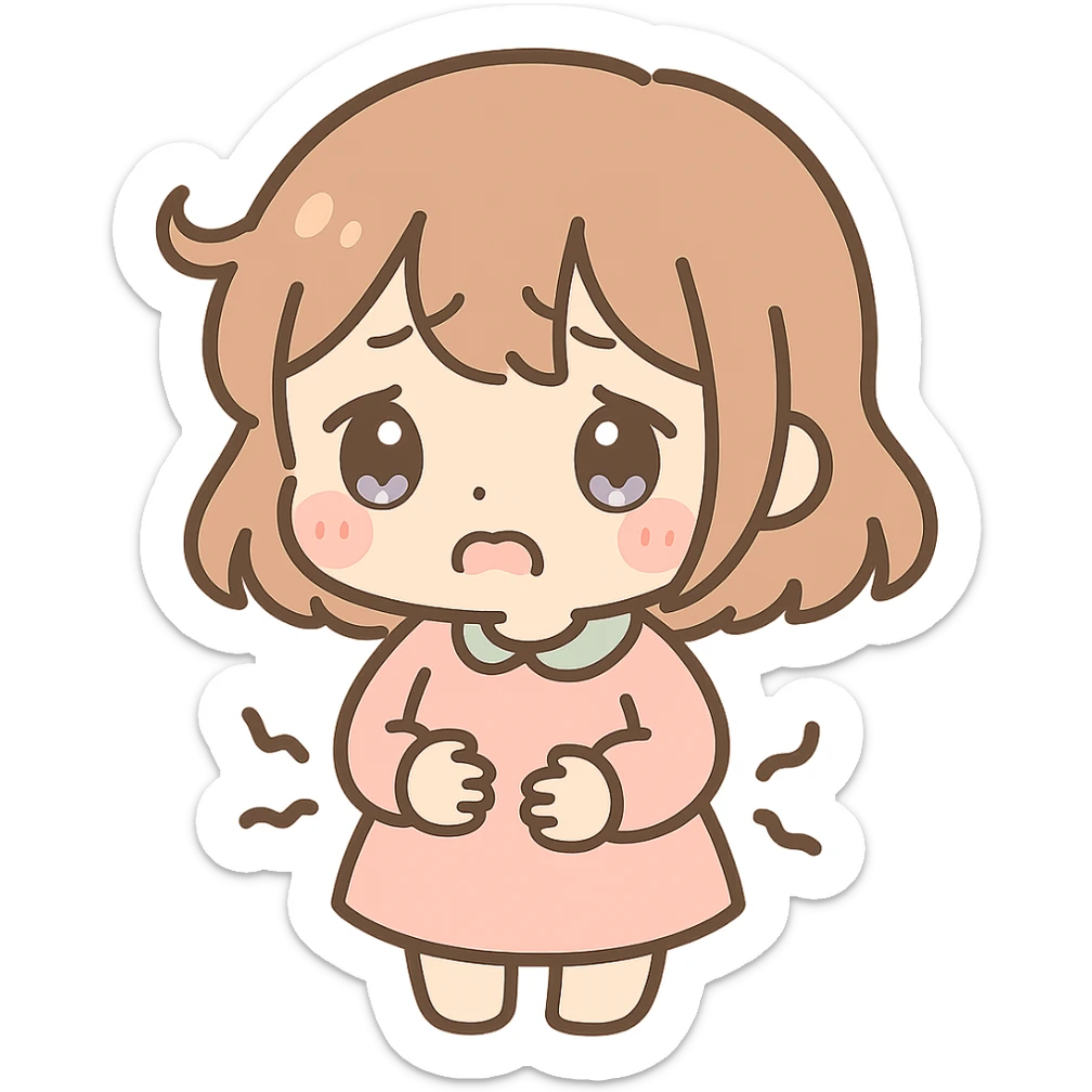hungry little girl, kawaii chibi anime style, flat pastel colors, thick outlines, simple cute features, holding her belly, uncomfortable face sticker