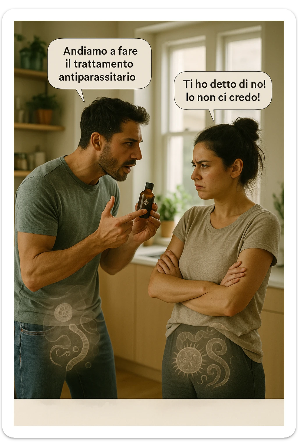 A highly realistic, cinematic photo of a young couple in their early 30s having an argument in a bright modern kitchen. The man, athletic build, wearing a casual T-shirt and jeans, is speaking firmly with a raised hand holding a small amber glass bottle labeled with a subtle herbal symbol, saying 'Andiamo a fare il trattamento antiparassitario' with a determined expression. The woman, with long dark hair tied in a messy bun, casual home outfit, crosses her arms with an angry, defensive expression, replying 'Ti ho detto di no! Io non ci credo!' while slightly turning away. Tension is visible in their body language, with the man leaning forward trying to explain and the woman leaning back, her eyebrows furrowed. Around them, subtle ghostly overlays of microscopic parasites are faintly visible near their abdominal areas, symbolizing the hidden reason for the argument. The kitchen is bright and modern with plants and natural light, contrasting the emotional tension. The style is hyperrealistic with warm tones and shallow depth of field focusing on their facial expressions, illustrating the conflict between belief in natural treatments and skepticism within the couple regarding hidden parasitic infections. in italiano sticker