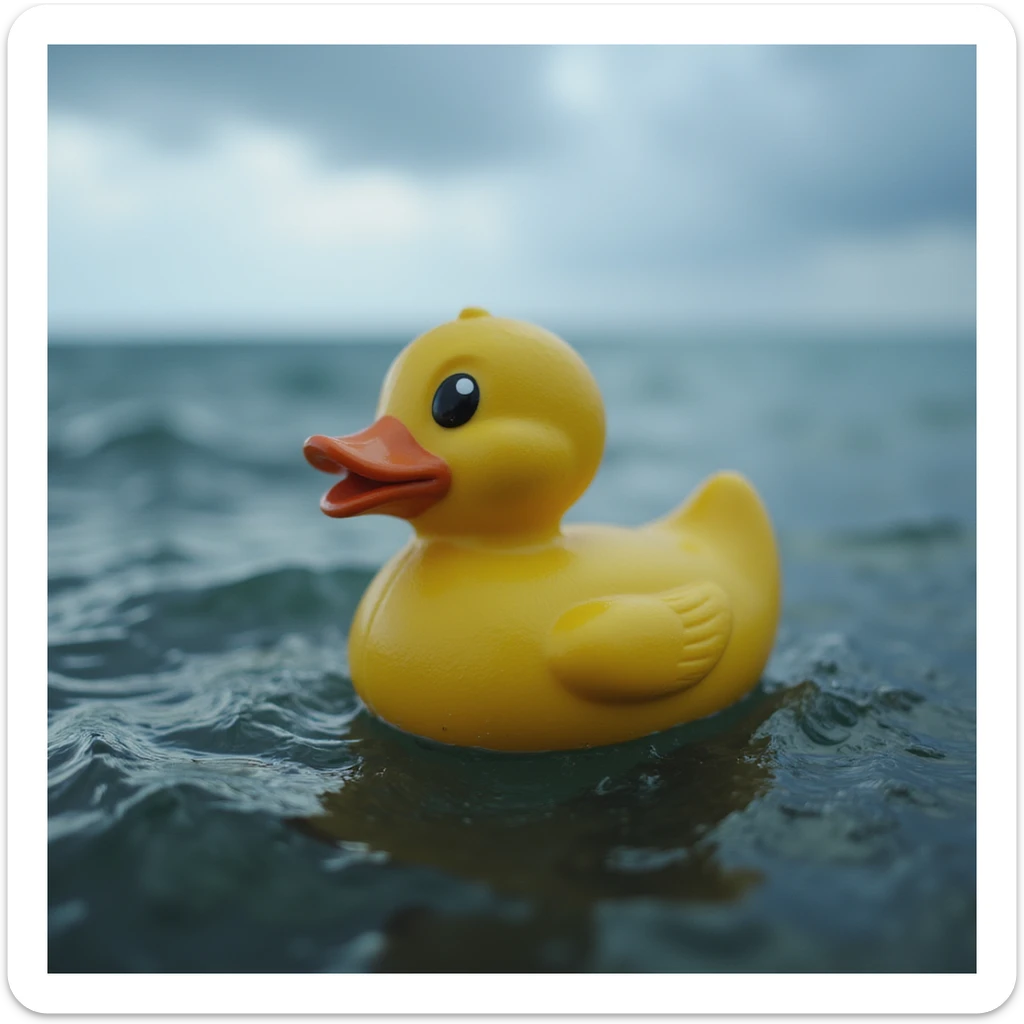  Cinematic still, Extreme Closeup shot of Yellow duck toy on ocean during cloudy day, stormy sea, Camera from top, inspired by interstellar sticker
