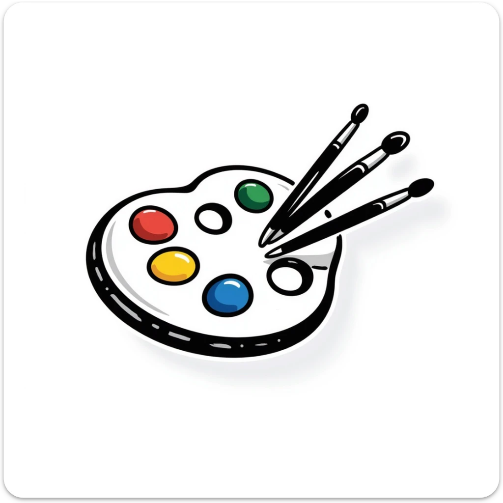 Detailed artist's palette with colorful paint blobs, palette holes, and paintbrushes. Sticker-like appearance with detailed doodle style and transparent background. sticker