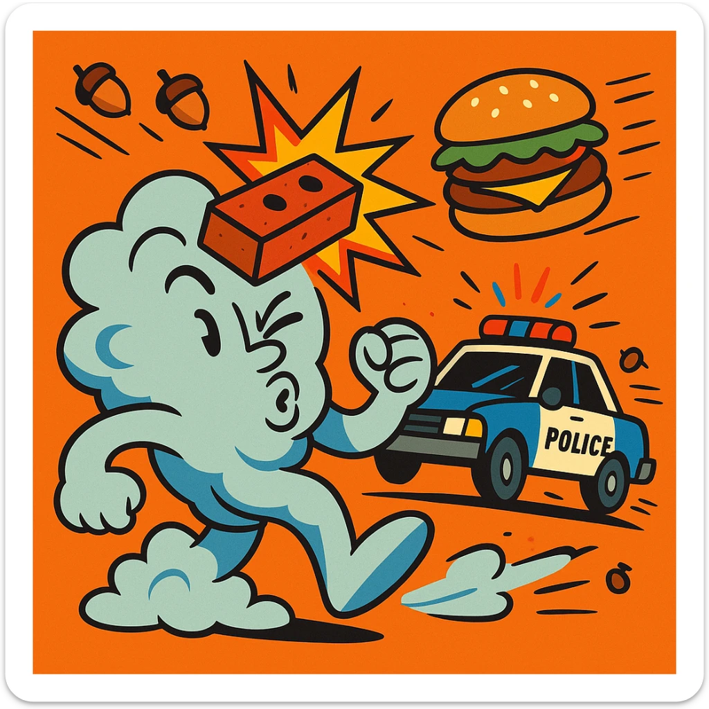 personified gust of wind hit by a brick, a burger mid-air, and a police car behind with acorns flying toward it, energetic and humorous style sticker