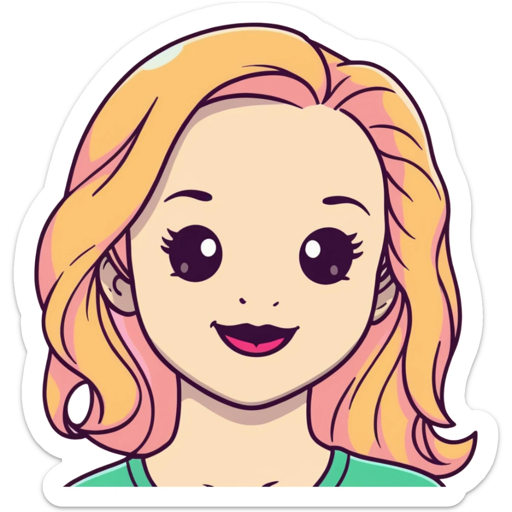 Young girl with pale skin, full pink lips smiling, blonde reddish long hair, big brown eyes with a hint of green, big mouth sticker