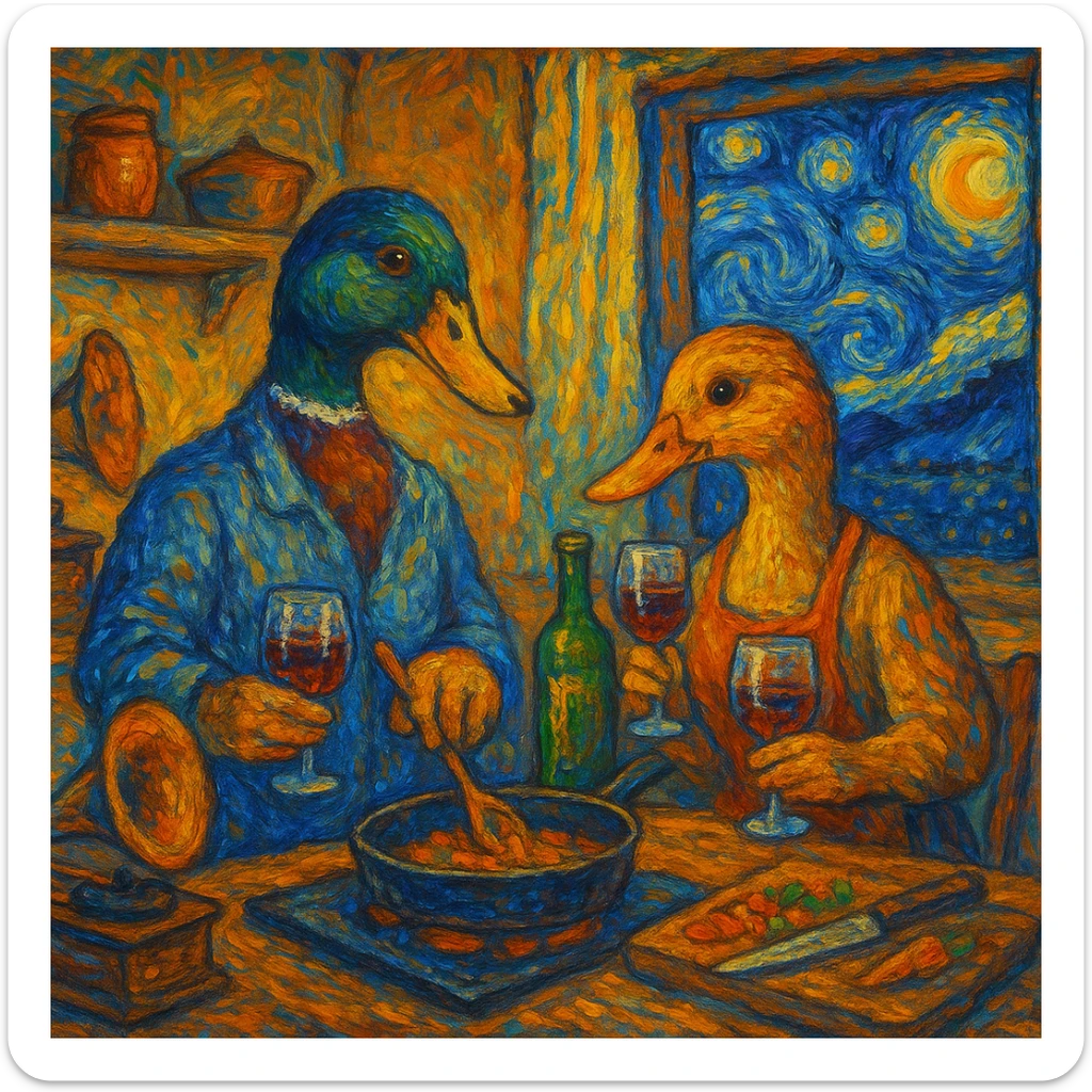 Van Gogh inspired scene of a male and female duck cooking together in a cozy kitchen, drinking wine, and listening to music, with a Starry Night sky visible through the window, 4:3 aspect ratio, painterly style, vibrant brush strokes, warm and cozy atmosphere sticker