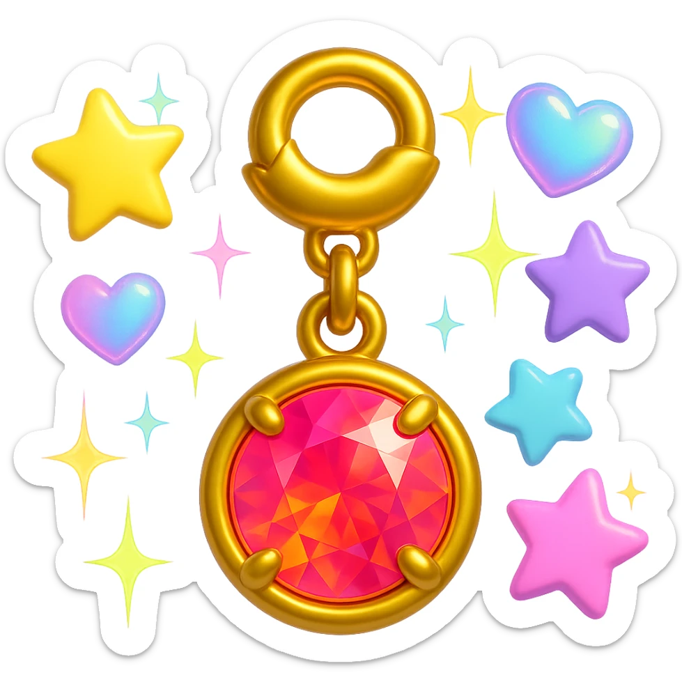 add more Y2K accents: pastel stars, iridescent hearts, and neon sparkles around the elegant round cut pink sapphire holographic charm with gold setting and gold jump ring, extreme close-up, 3D emoji style sticker