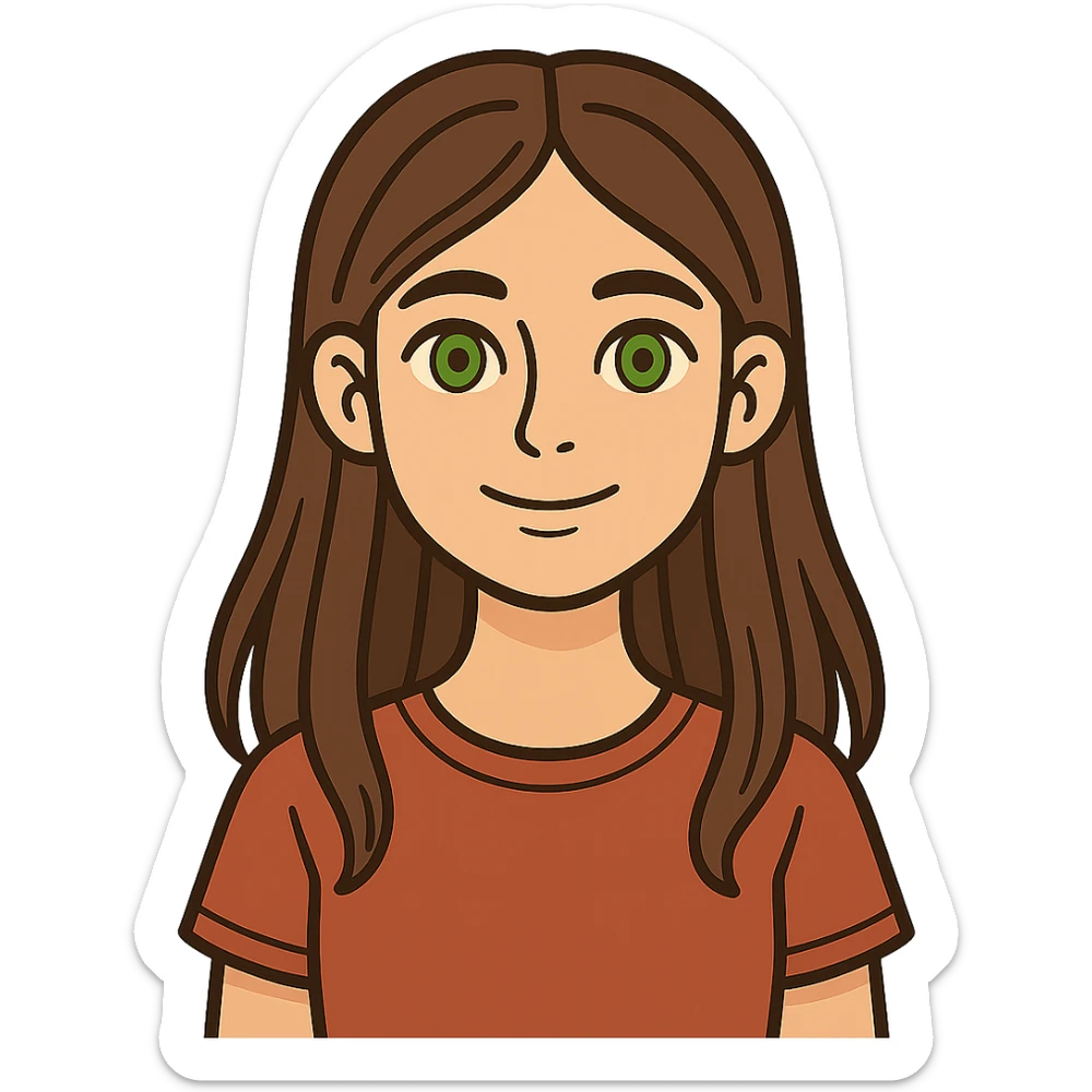 flat toon style portrait of a 17-year-old girl with green eyes, light skin, and long brown hair sticker