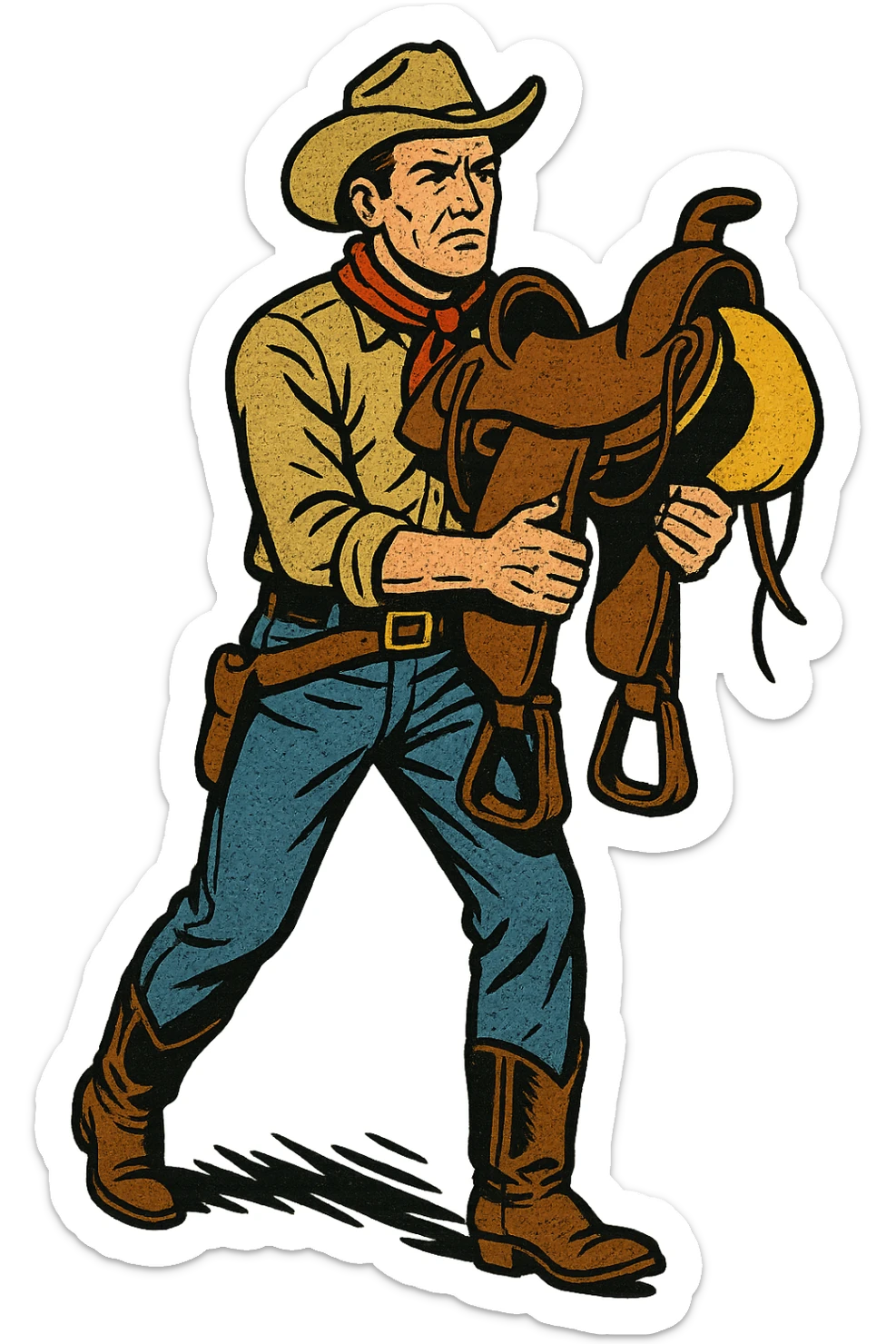 The full body of cowboy holding a saddle from the American West in the 1860s.  sticker