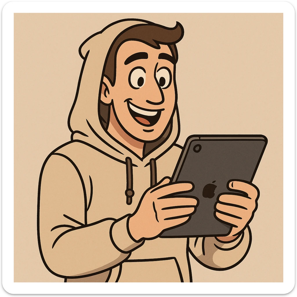 a man in a hoodie, smiling, holding an iPad, cartoon style, flat toon style sticker