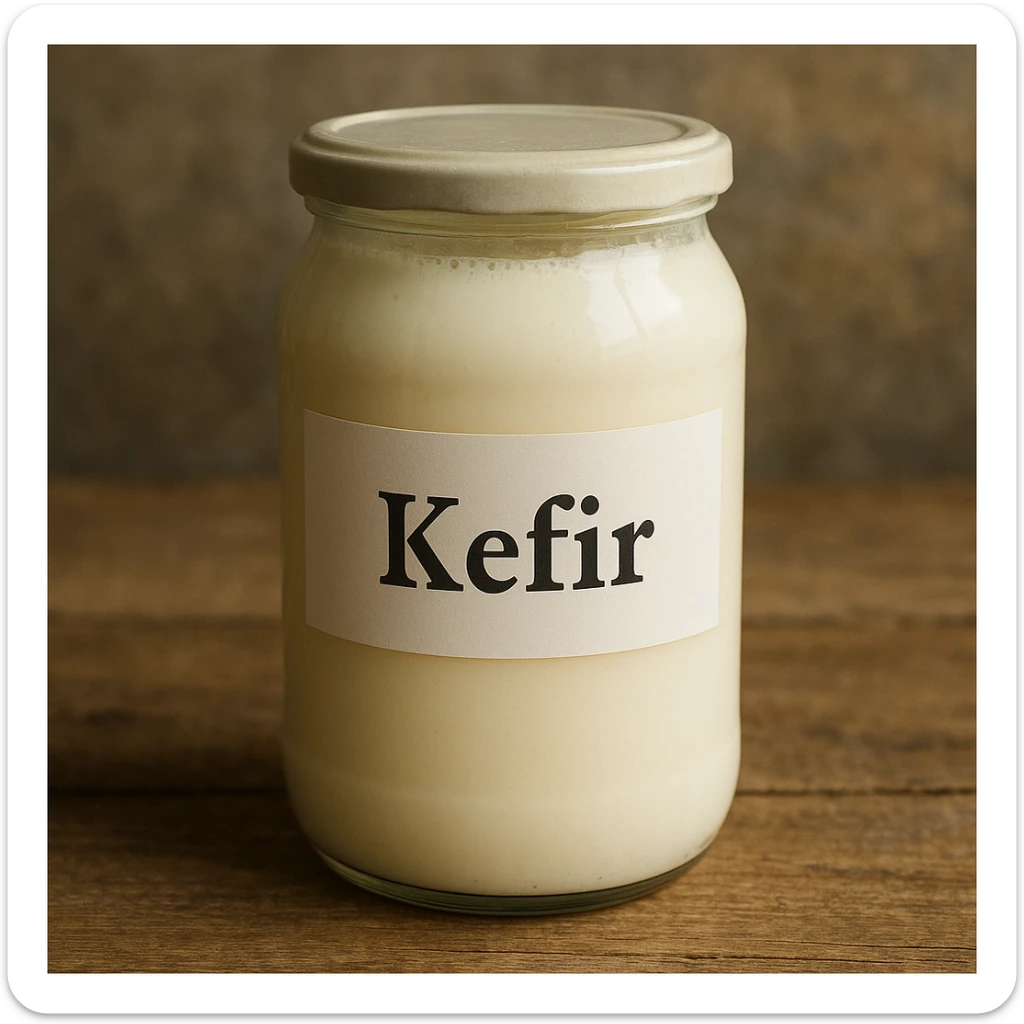 photo realistic jar of kefir with the label 'Kefir' in Italian sticker
