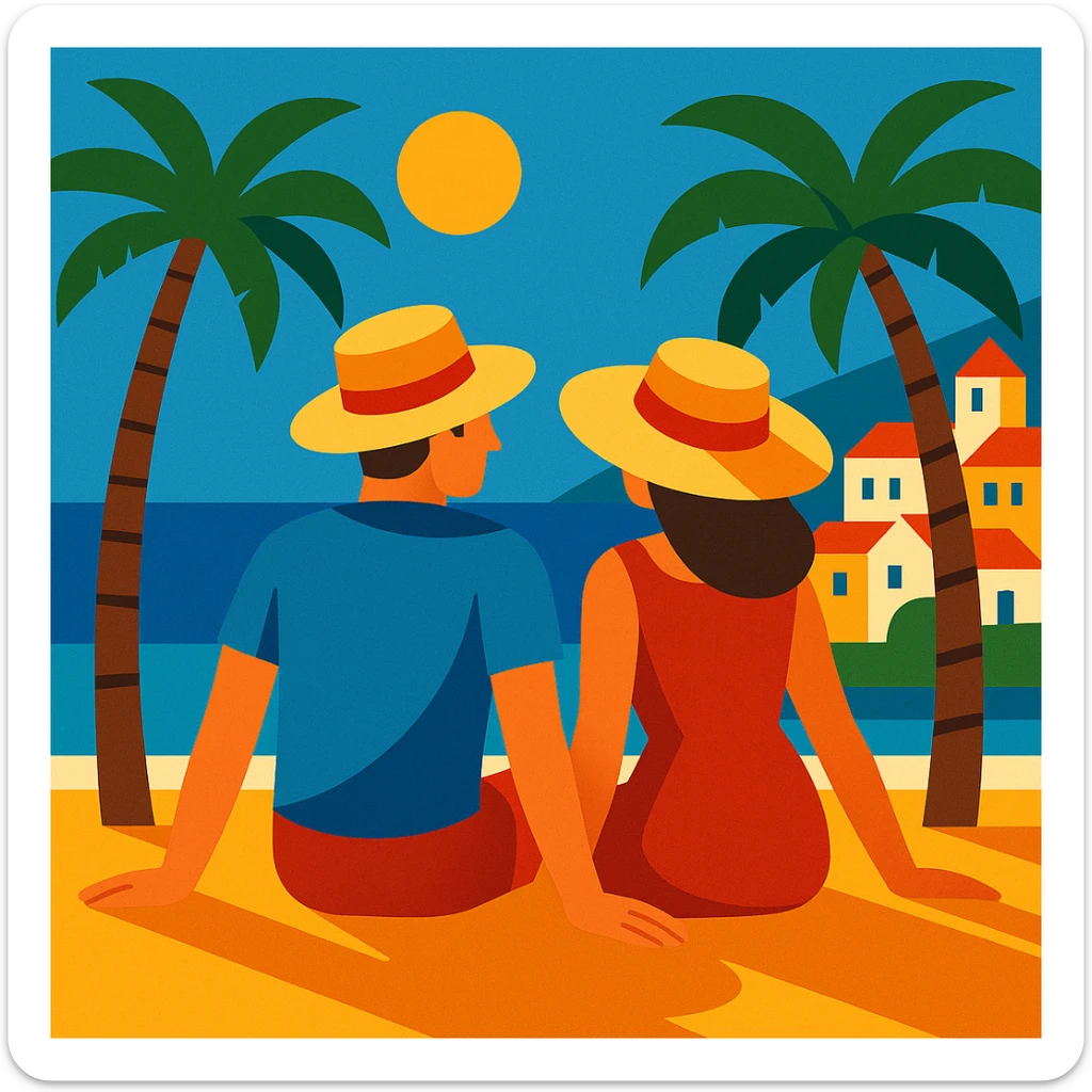 couple (husband and wife) sitting on a beach in Spain, palm trees, sun hats, Mediterranean vibe, colorful illustration sticker
