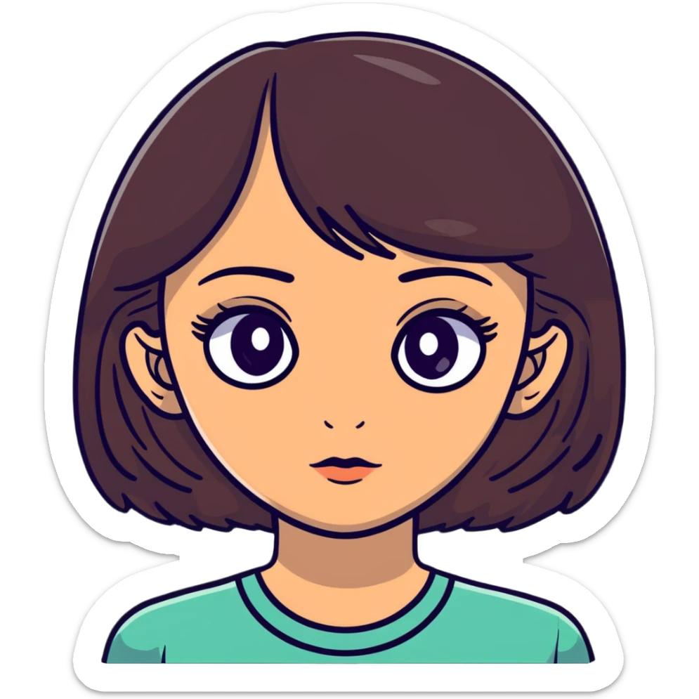 woman face with big eyes, medium skin tone, and dark hair sticker