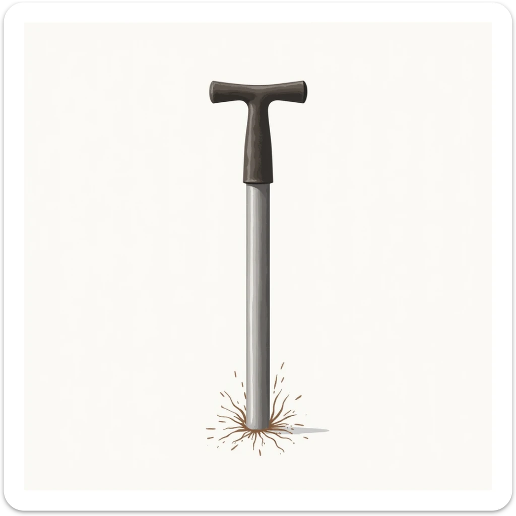 detailed realistic icon of a soil core tool, cylindrical metal tube with a T-shaped handle, used for extracting soil samples sticker