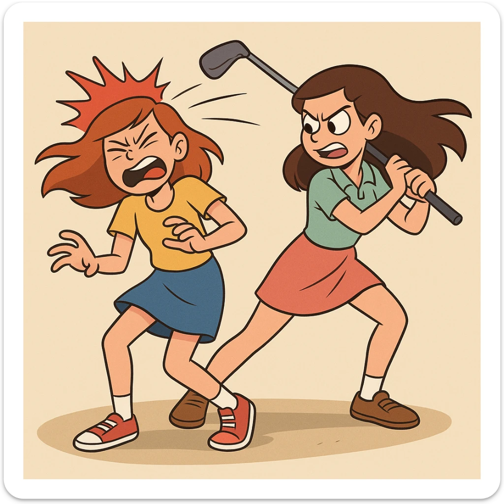 two girls, one striking the other with a golf club, exaggerated motion, vibrant colors sticker
