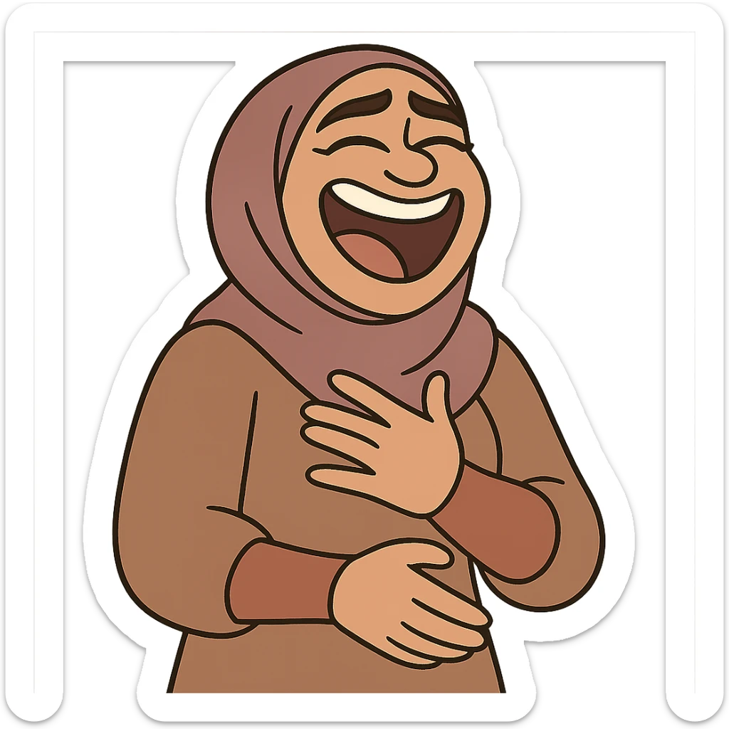 hijabi woman with medium fair skin, laughing, cartoon style sticker
