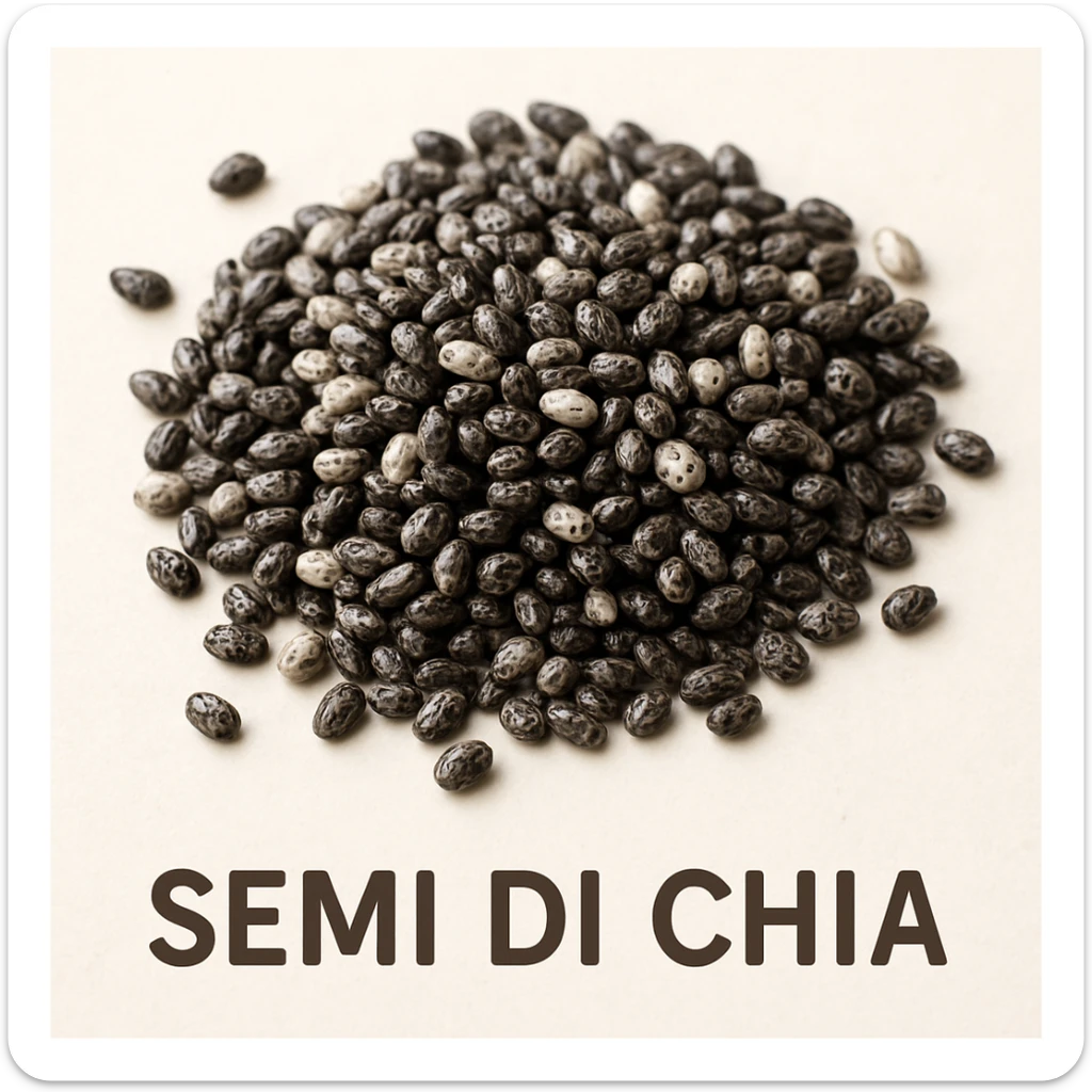 photo realistic close-up of black and white chia seeds on a light background with the text 'semi di chia' in Italian sticker