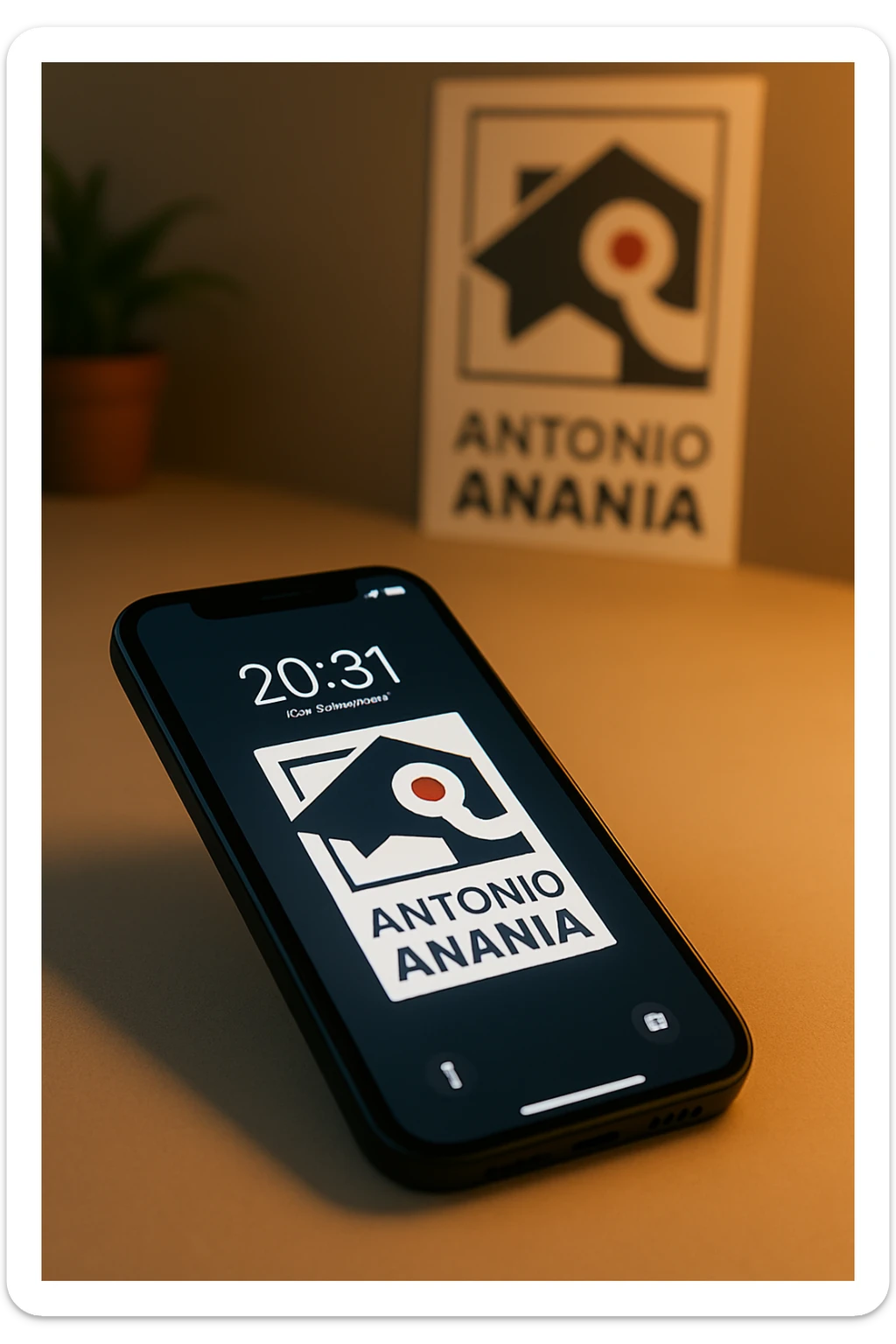 A photo of an iPhone with the message "Antonio Anania" on its screen, The phone sits atop a desk with a blurred background that suggests work environment. A faint glow from above casts gentle shadows across the surface of each object, creating depth and highlighting their textures sticker