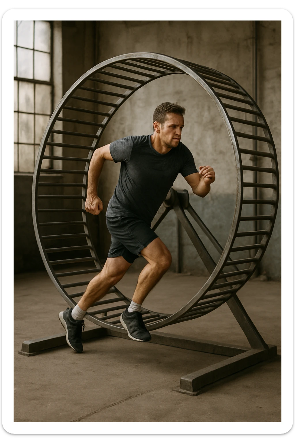 uomo che corre dentro la ruota del criceto come un circolo vizioso immagine realistica sticker