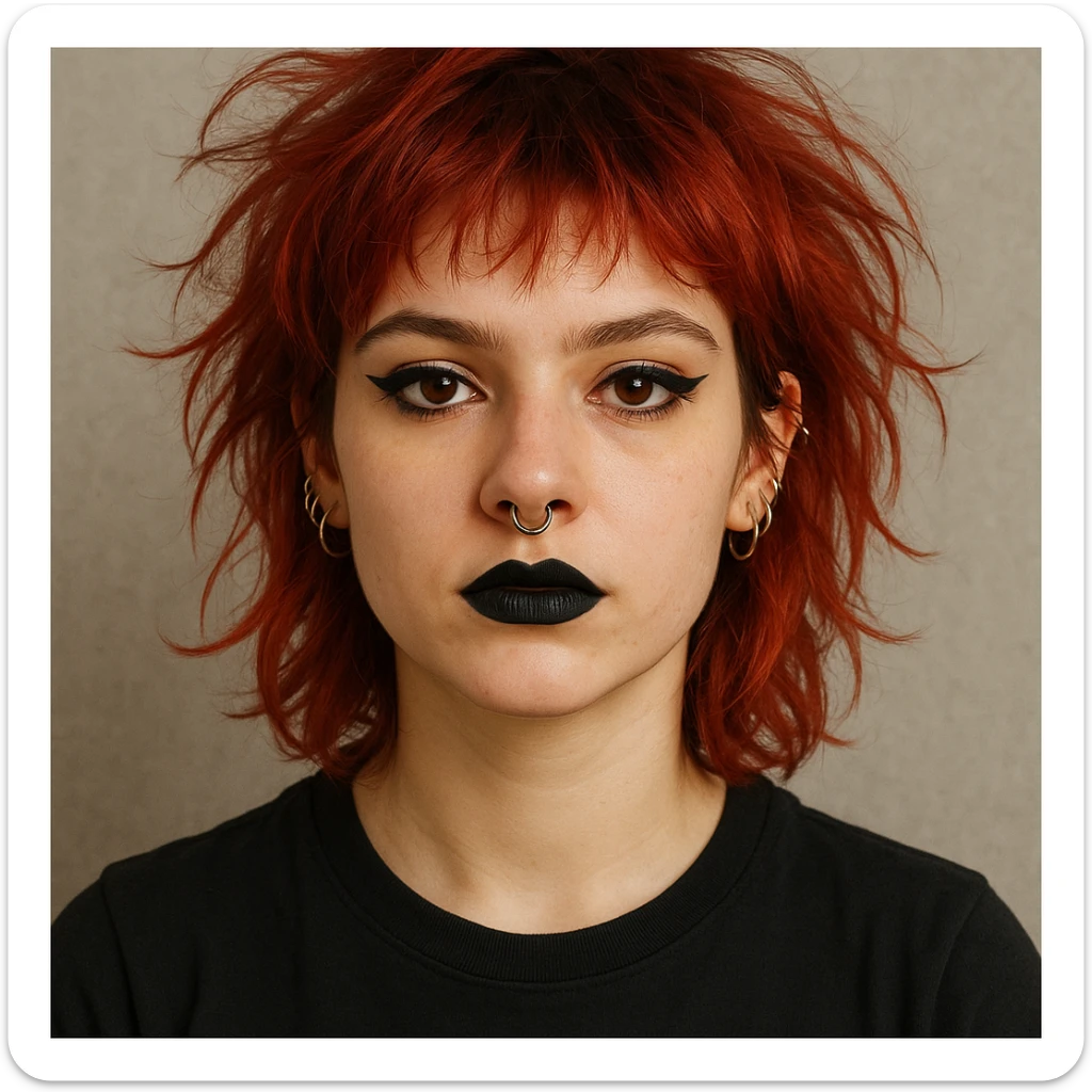 A fair-skinned girl with messy cherry red hair, black t-shirt, bold eyeliner, black lipstick, septum and multiple ear piercings, facing forward. sticker