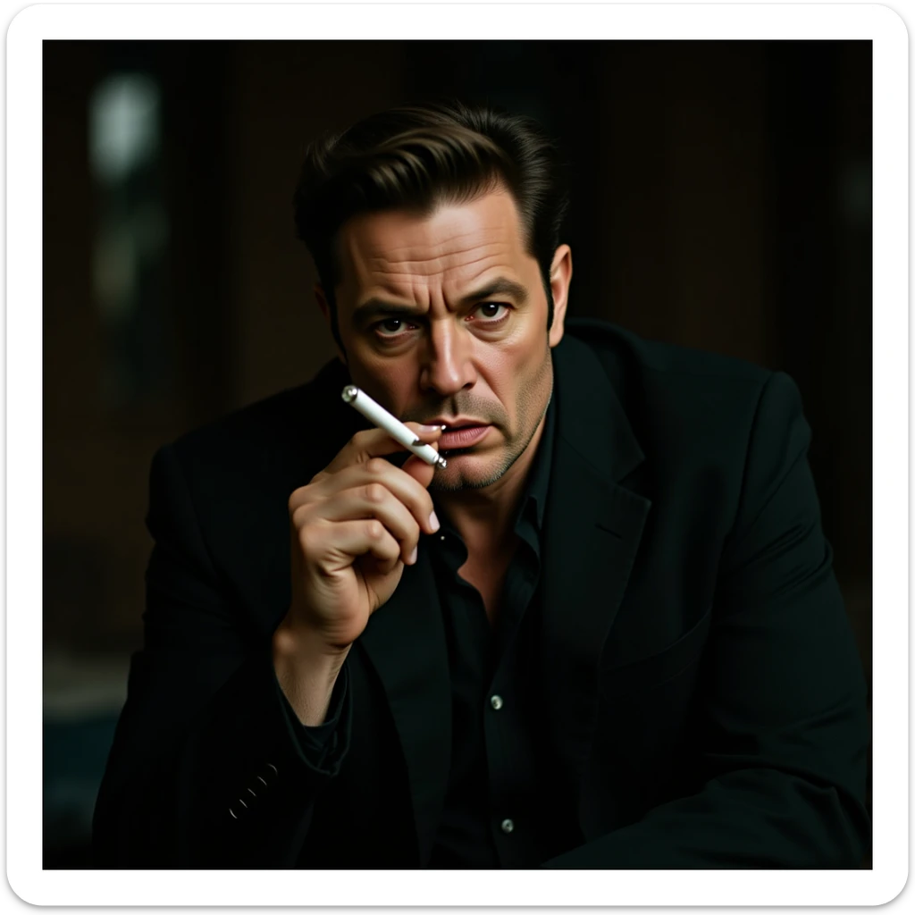 realistic illustration of Robert De Niro as Jimmy Conway in Goodfellas, sitting and smoking a cigarette, tense and contemplative expression, cinematic lighting sticker