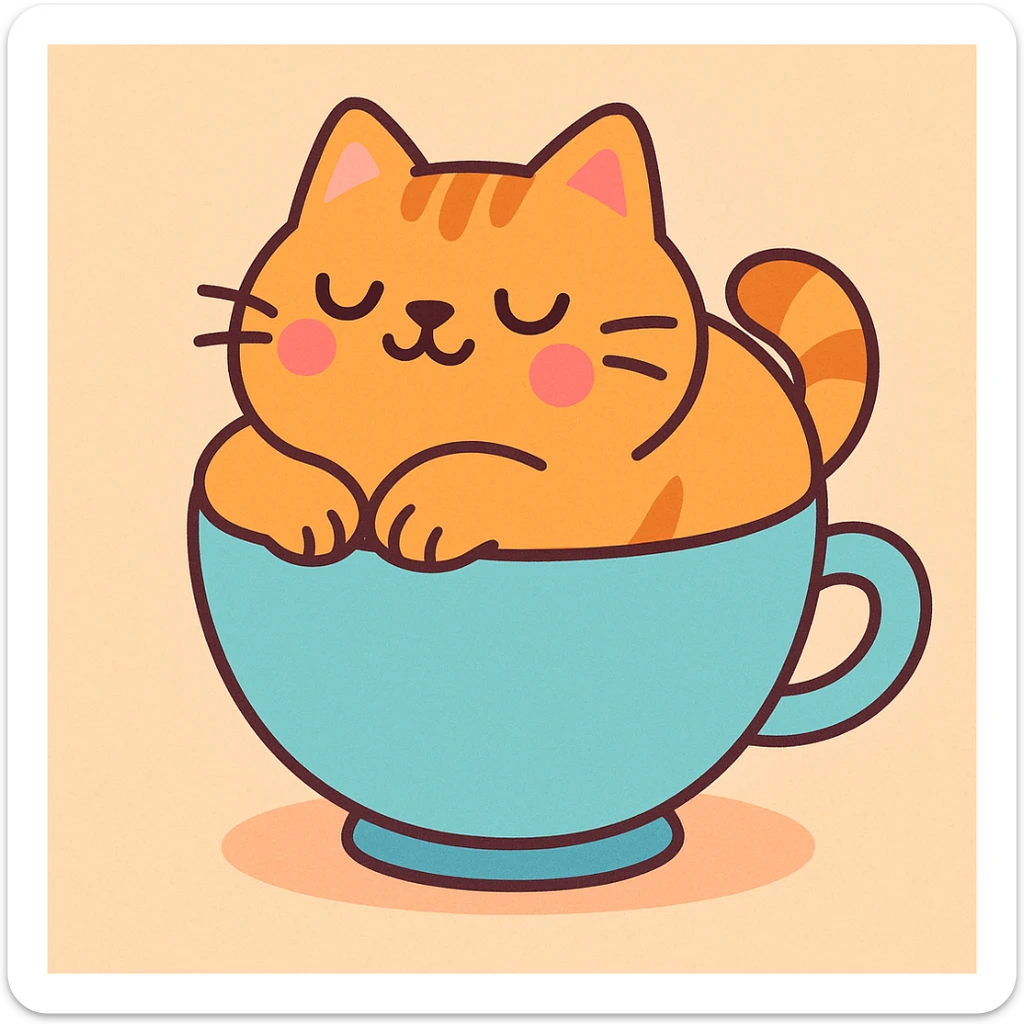 a cozy cat, nestled in a teacup, pastel cartoon style sticker