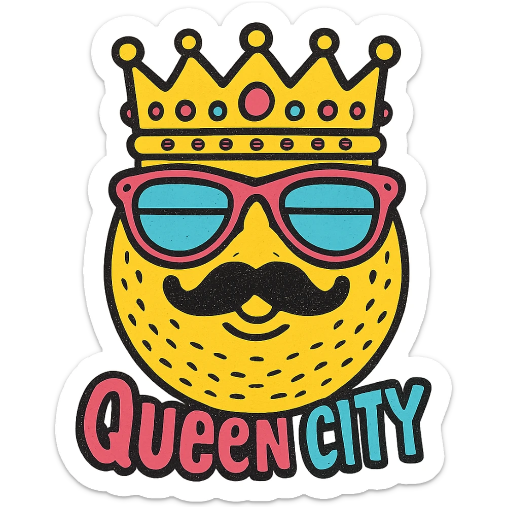 Add the text 'Queen City' in a fun, cool font below the emoji, keeping the playful style. sticker