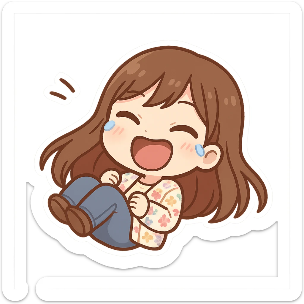 chibi sticker of a girl with brown straight hair and brown eyes, wearing a pastel floral cardigan and jeans, rolling on the floor laughing, white outline, transparent background, 512x512px sticker