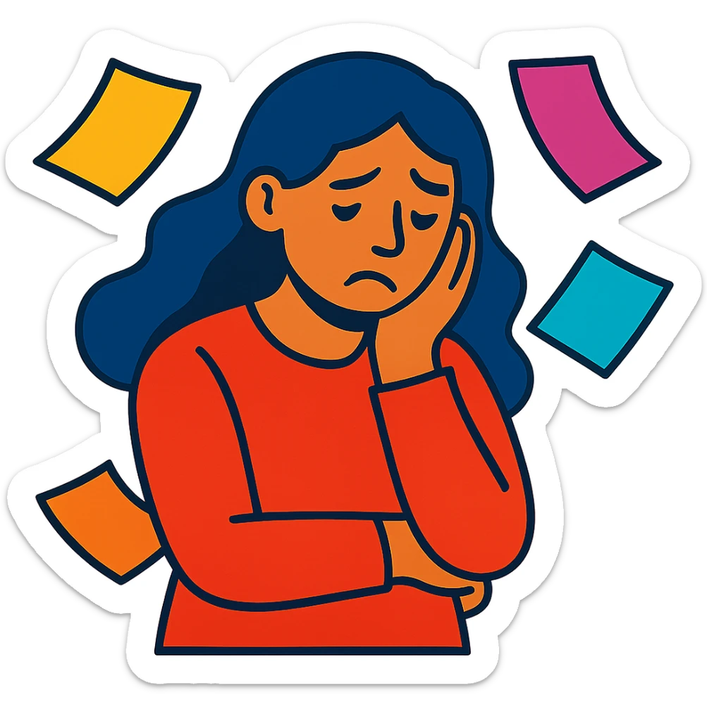 sad woman with flying papers around her, vibrant colors sticker