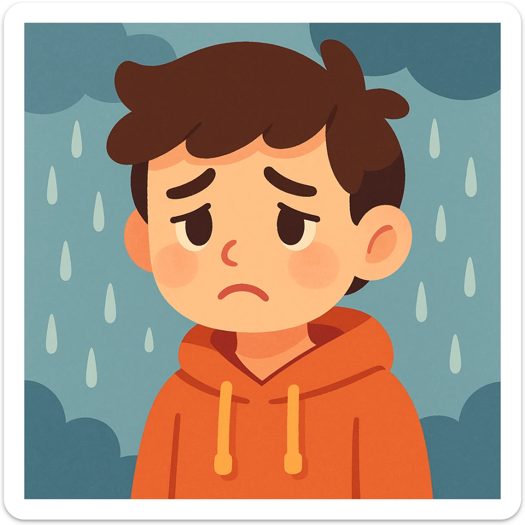 a boy looking sad on a rainy day, soft cartoon style, gentle colors, emotional expression sticker
