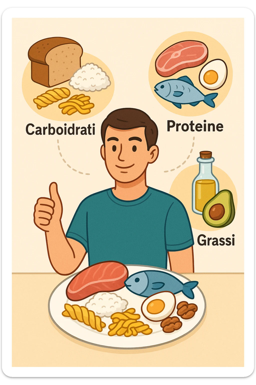 uomo che fa alimentazione attraverso i giusti macronutrienti. Scritte in ITALIANO sticker