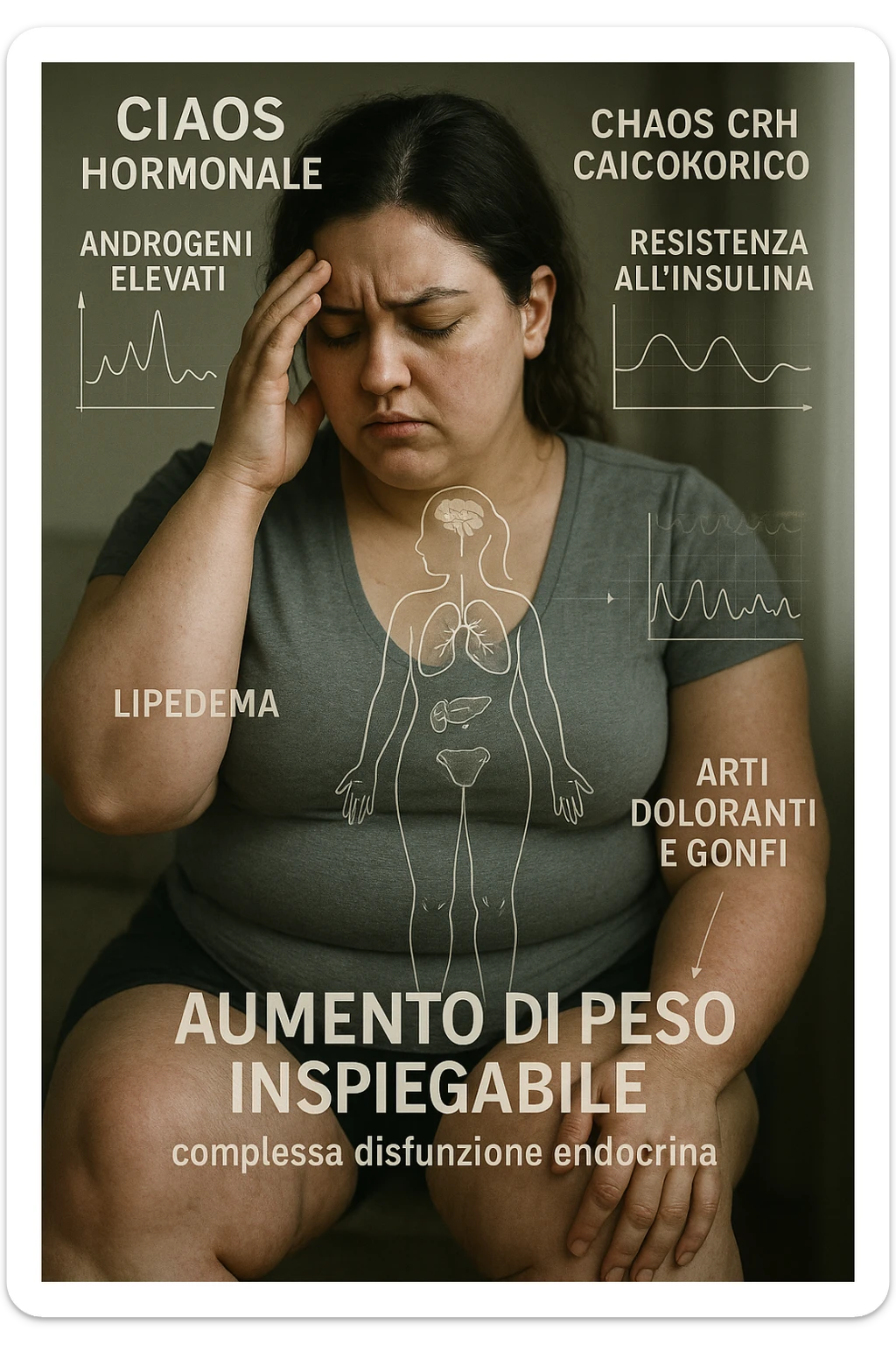 cinematic realistic in italiano Woman with PCOS struggling with hormonal chaos, transparent overlay showing elevated androgens and insulin resistance affecting her body, lipedema causing disproportionate fat accumulation in legs and arms despite normal torso, expression of frustration with unexplained weight gain, medical charts showing complex endocrine dysfunction, painful swollen limbs contrasting with metabolic confusion in italiano sticker