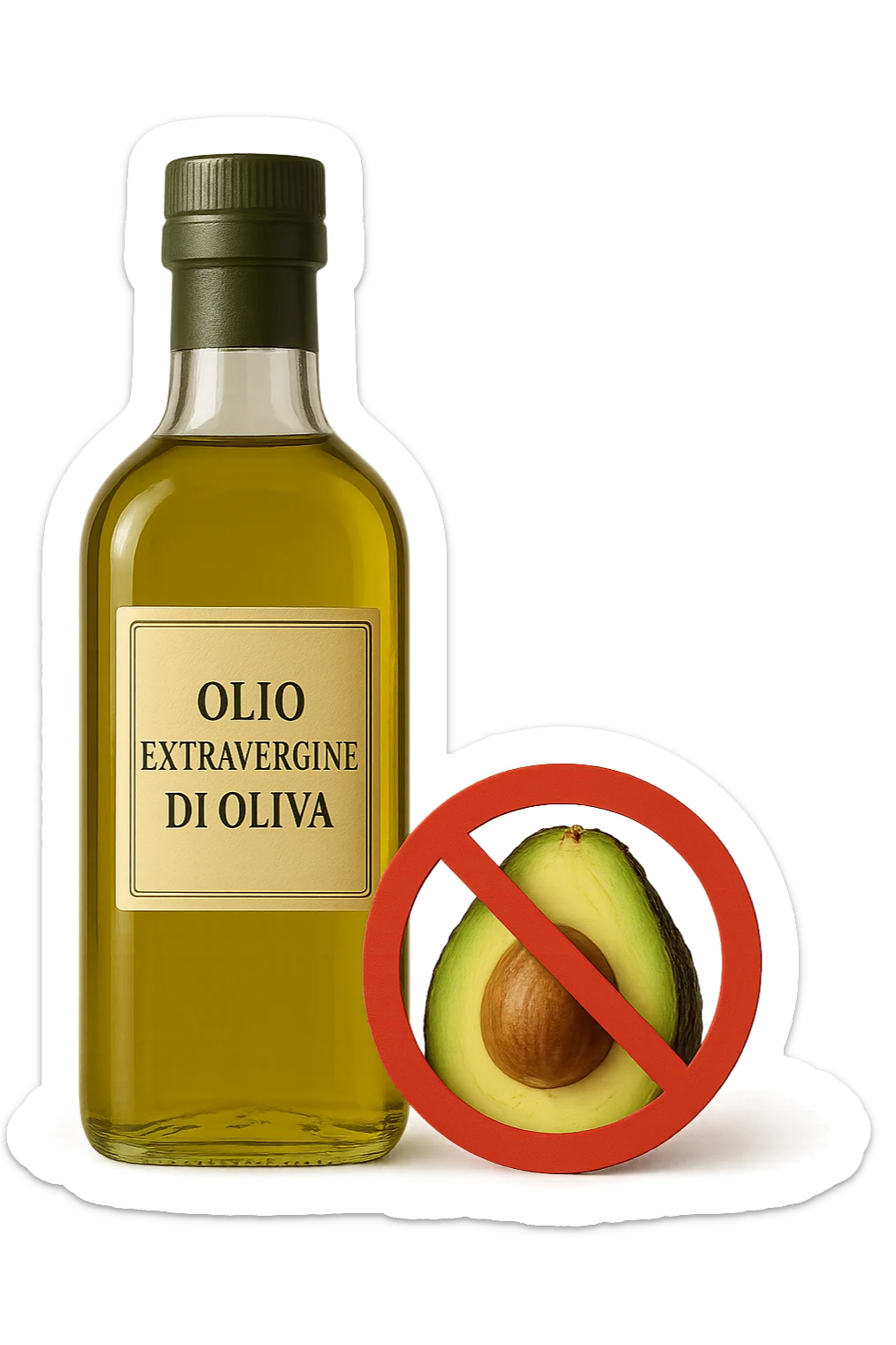 BOTTIGLIA DI OLIO EVO CON LA SCRITTA "OLIO EXTRAVERGINE DI OLIVA" SULL'ETICHETTA E AVOCADO CON DIVIETO SOPRA,  iperrealistico 4k sticker