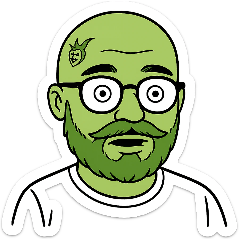 Edit the image to depict a bald man with a green beard, glasses, and face tattoos in the same memoji style. Remove the background. sticker