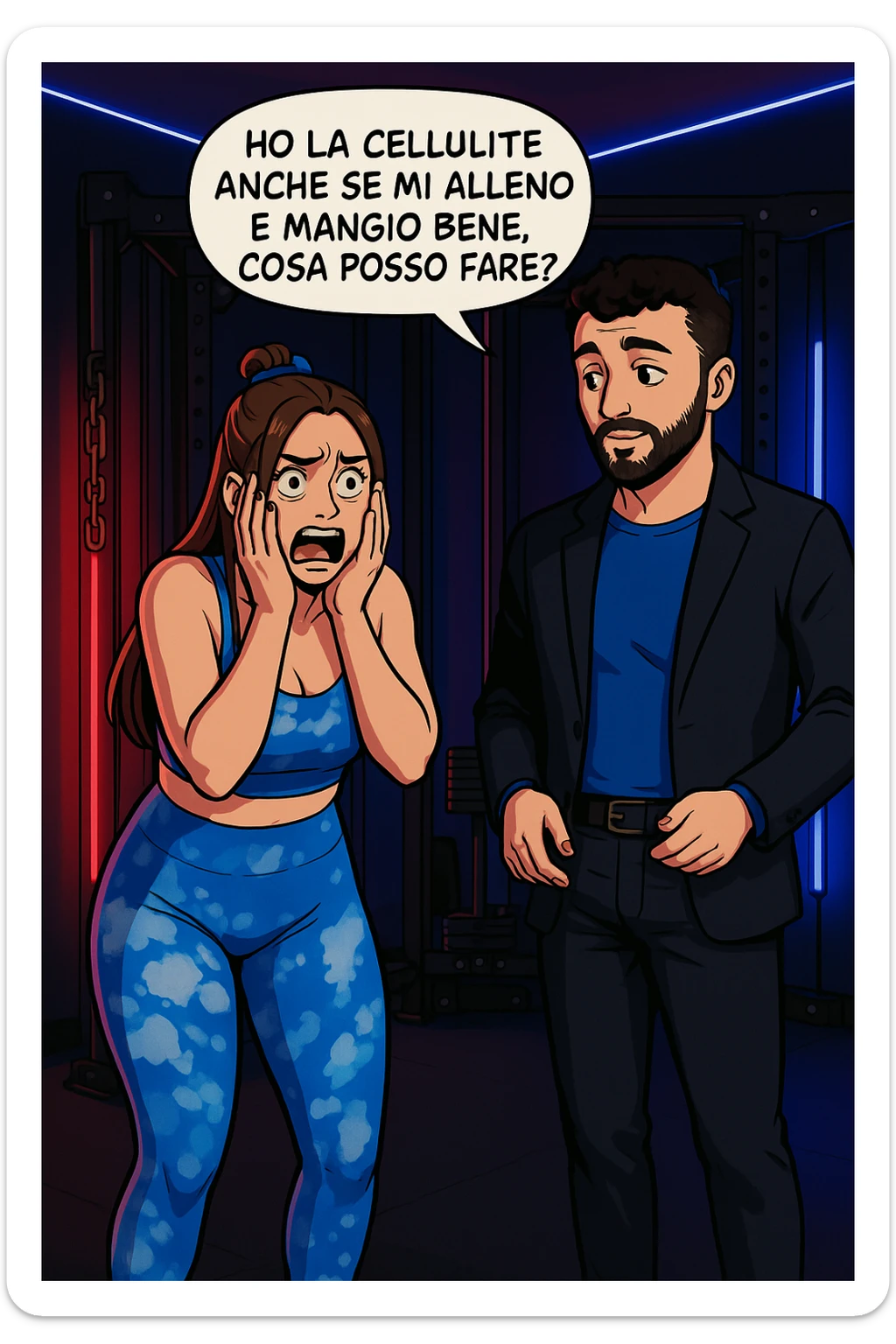 TRASFORMA QUESTO CAROSELLO IN UN FUMETTO STILE WEBTOON/MANGA A COLORI CON QUESTE DUE PERSONE IDENTICHE CHE INTERLOQUISCONO TRA LORO, LA DONNA è DISPERATA CON LE MANI SULLE GUANCE E STA DOMANDANDO TUTTA AGITATA UNA COSA ALL'UOMO:

LEI (DONNA): Ho la cellulite anche se mi alleno e mangio bene, cosa posso fare? sticker