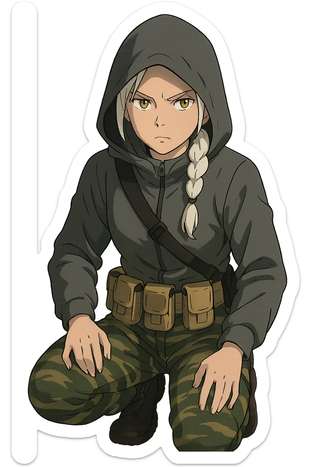 1 female, mid-20's  white hair long braid, gold yellow eyes, gray waterproof tactical shirt hoodie, hood up, single point sling, tan mag pouches on belt rig, tiger stripe camo pants, kneeling, stern focused expression sticker