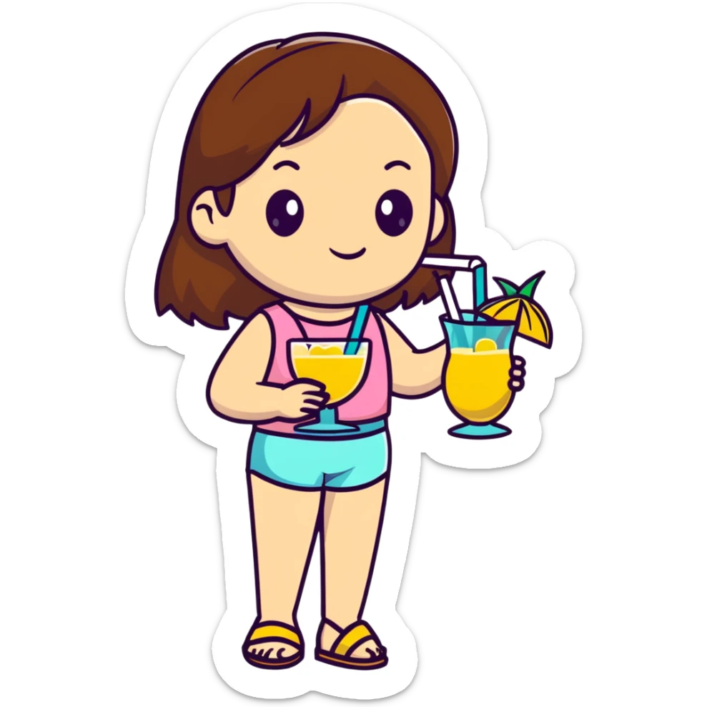 Very tan skinned girl with brown hair wearing a summer outfit sipping a piña colada sticker