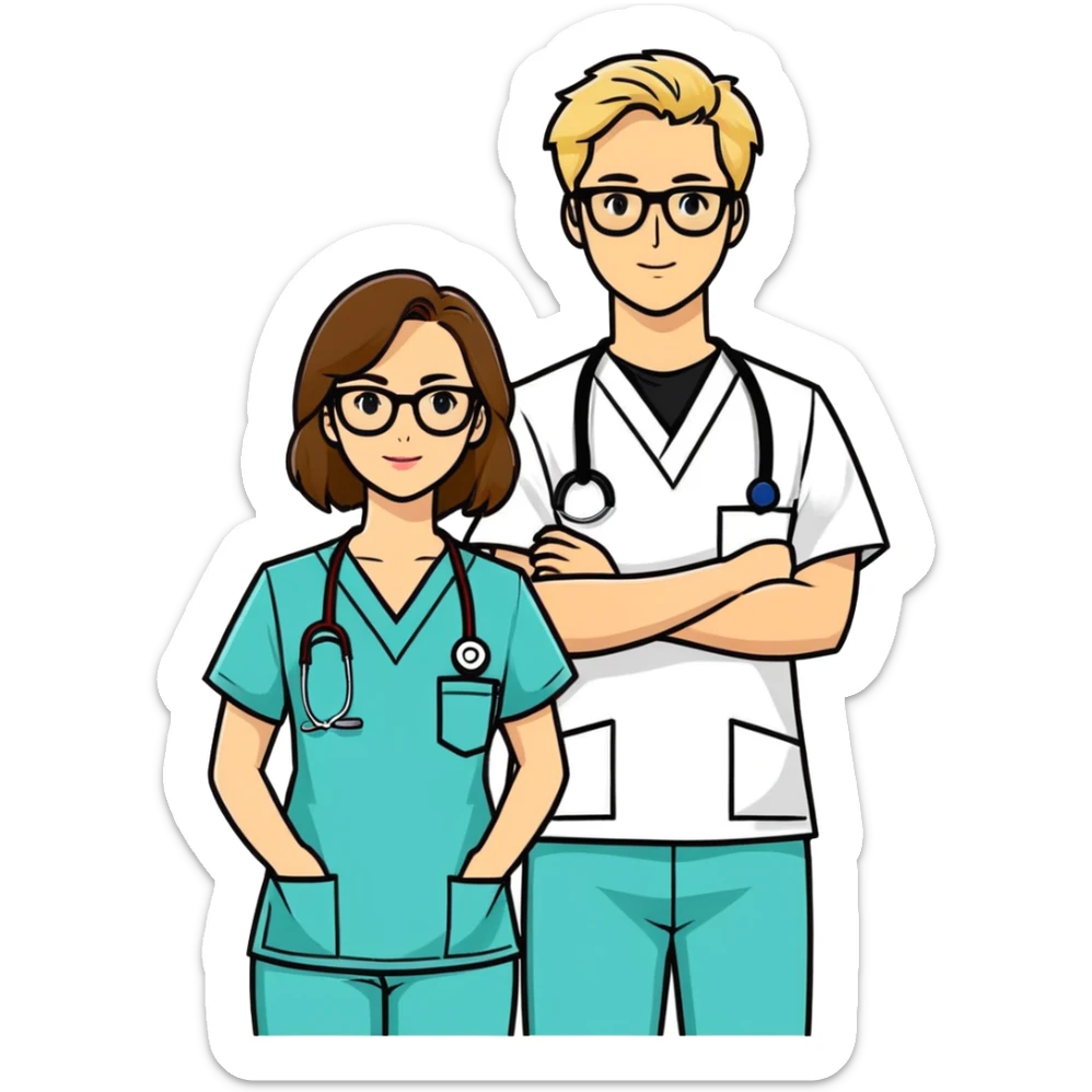 Woman with brown hair and glasses in Scrubbs next to a man with blonde hair and a black shirt sticker