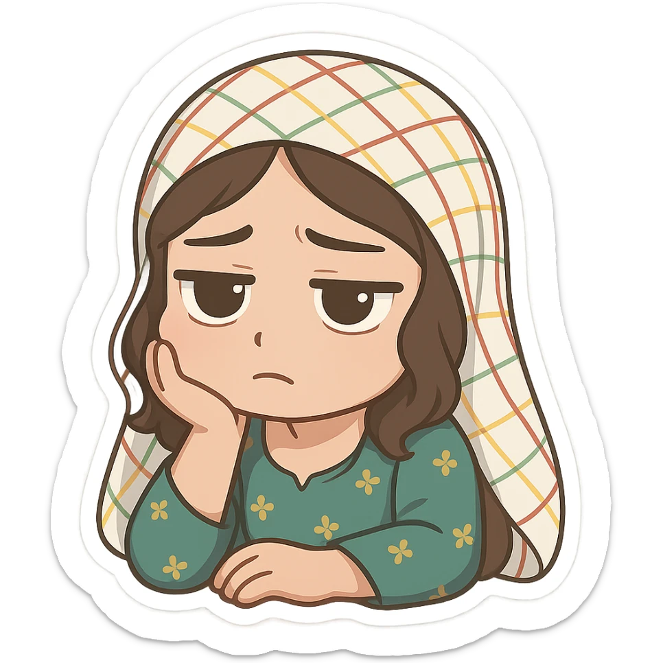 Kurdish man or woman in jamadani, cartoon style, feeling bored, resting head on hand, blank stare, no text sticker