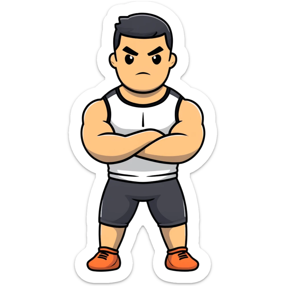 full body bulky male figure standing with arms crossed, muscular build, wearing athletic clothes, serious expression sticker