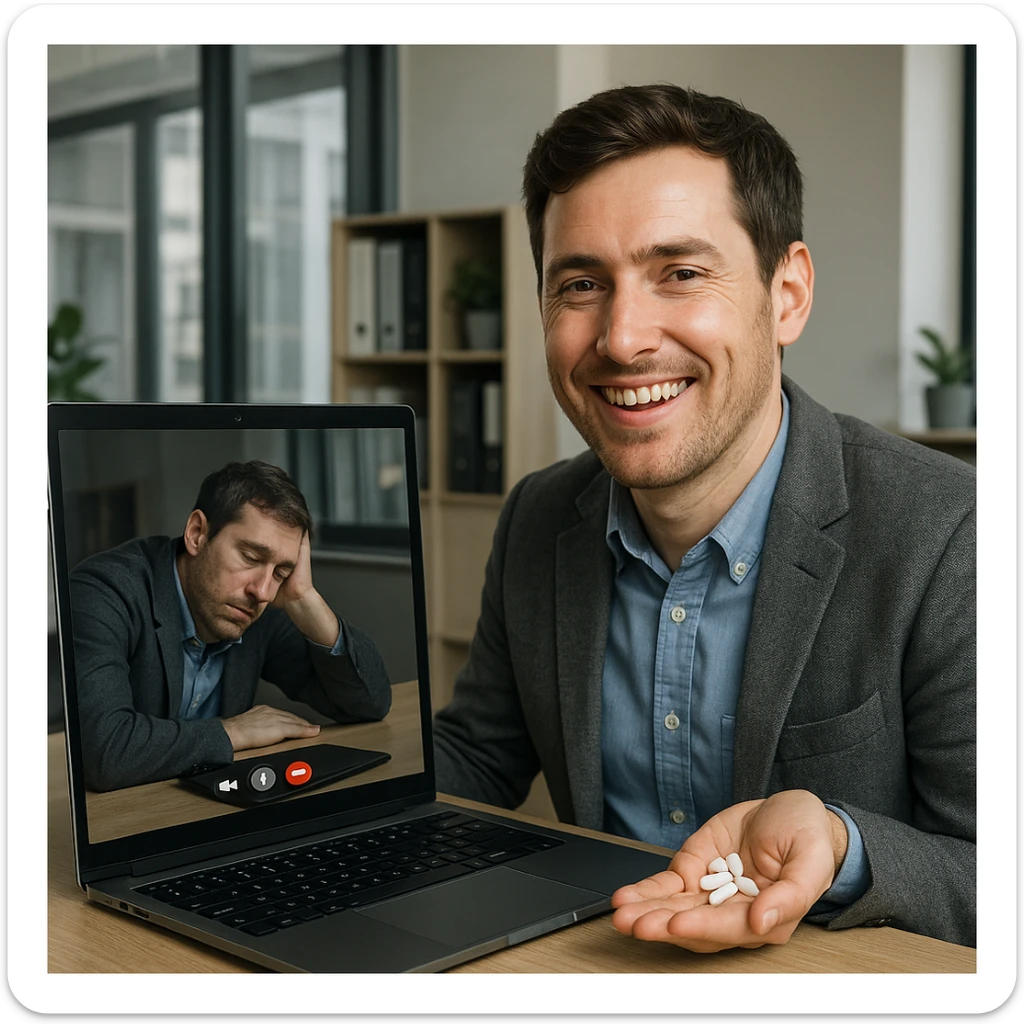 Man in his mid-30s, video call, pretending to be happy, hand under desk with caffeine pills, screen reflection shows collapsed posture, virtual avatar upright, hyperrealistic 4K, office setting sticker