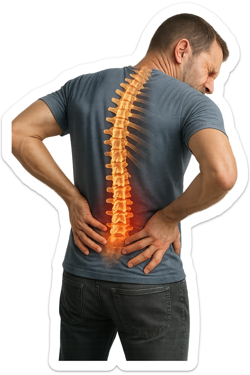 uomo con spina dorsale anatomica visibile che si massaggia la schiena perché gli fa male, iperrealistico 4k sticker