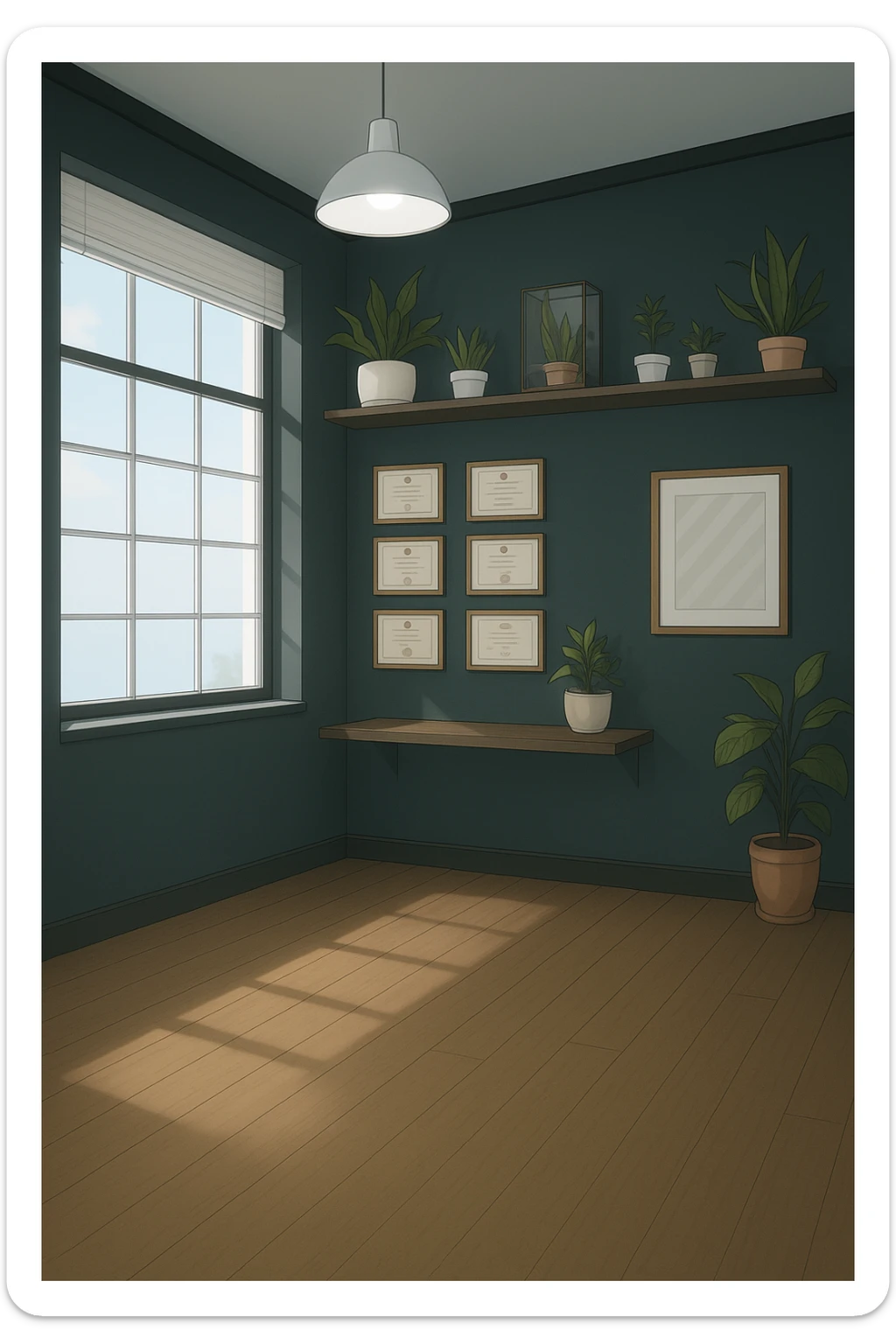 faMMI QUESTA STANZA STILE MANGA/WEBTOON A COLORI SENZA LE PERSONE E SENZA LETTINO, SOLO LA STANZA. FALLA MOLTO PIù LUMINOSA CON LUCI PIù FREDDE E MODERNE, NON LUCI GIALLE sticker