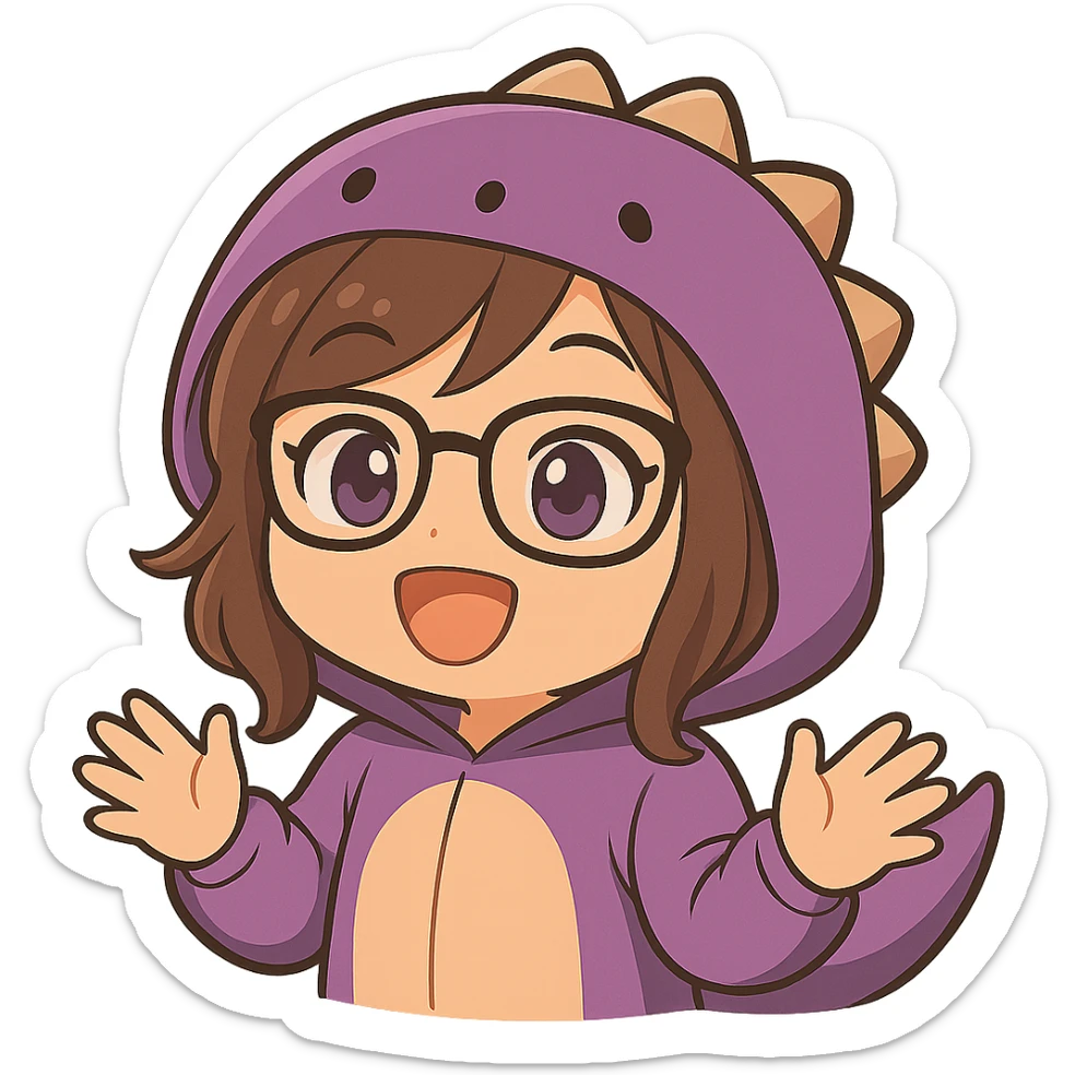 Add visible, expressive hands to the chibi anime style gamer girl with glasses, brown hair, dark purple eyes, and a purple dinosaur costume. She is happy with eyes open, holding no controller. Keep the same chibi anime style as the reference image. No background. sticker