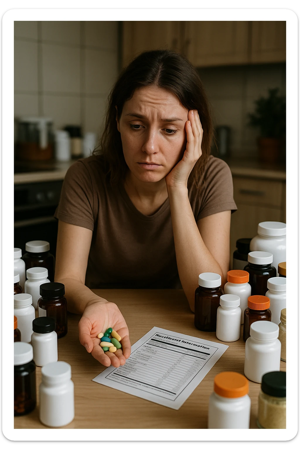 a woman in her 30s sits at her kitchen table, surrounded by dozens of supplement bottles, powders, and pills. She looks anxious and fatigued, with her head resting in one hand while the other holds a handful of colorful capsules. On the table, a nutrition chart is ignored, and her skin appears slightly dull or stressed. The mood is cautionary and educational. in italiano sticker