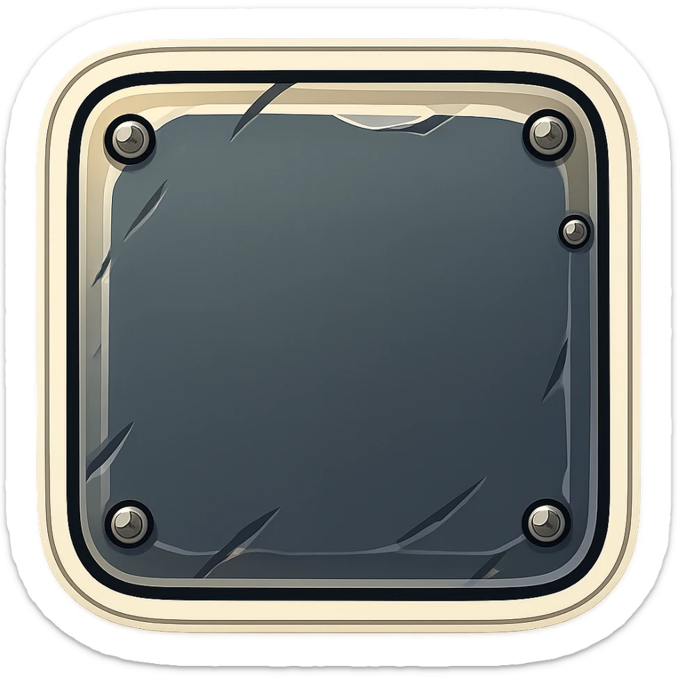 Add metallic rivets to all outside side edges of the metal slab, with the large face facing directly towards the viewer, in a retro sticker style. Keep the background transparent. sticker