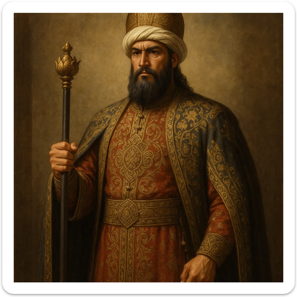 ancient Seljuk sultan, Turkish empire, ceremonial dress, detailed embroidery, holding a scepter, powerful stance sticker