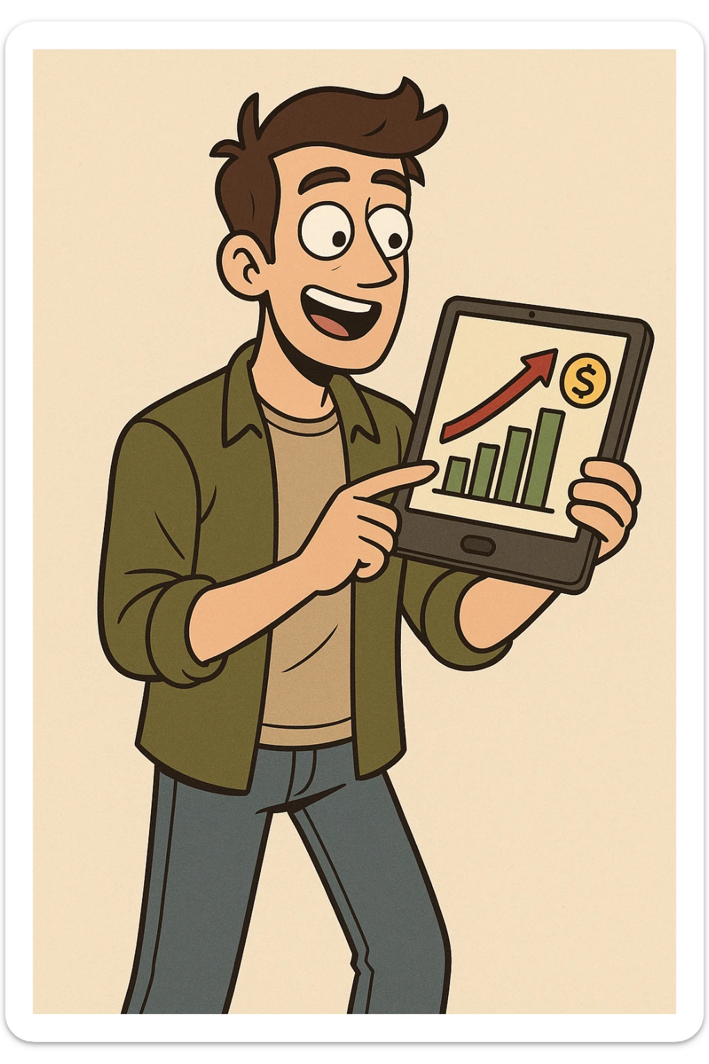 cartoon style young dynamic male financial expert, with tablet, casual outfit sticker