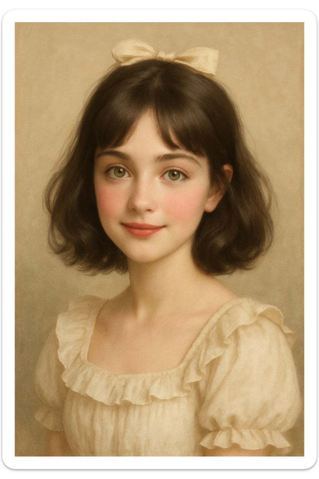 coquette girl with midi dark brown slightly wavy hair, bright skin, greenish hazel eyes, small cute lips, with a gentle smile and rosy cheeks sticker