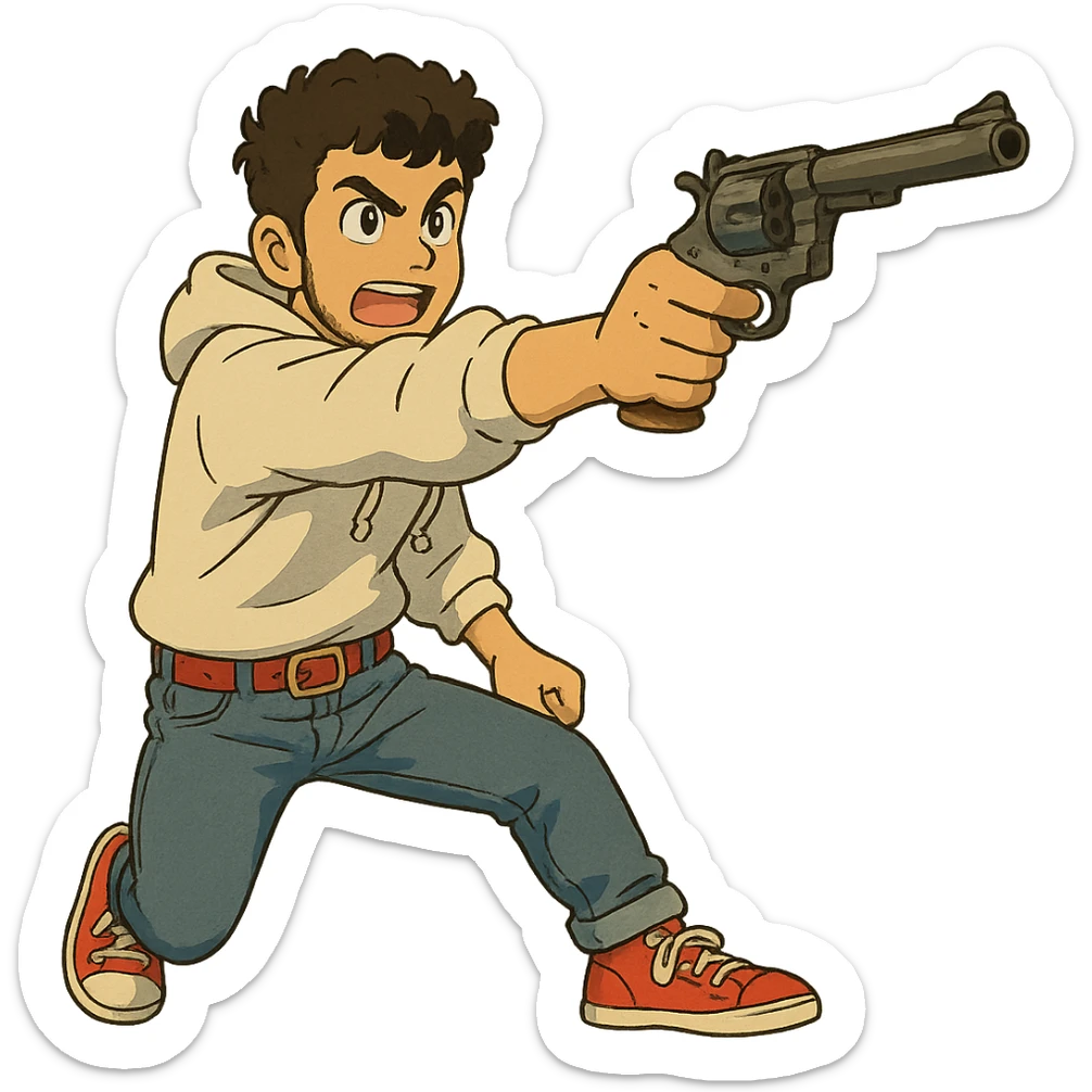 1 male, mid fade haircut dark chestnut brown curly hair, toasted lightskin, white hoodie sleeves up, fashion jeans, red fashion-sneakers shoes, red belt, short trimmed beard and goatee,  style of deku from "my hero academia", drawing a magnum revolver like dirty harry, twtich emote sticker