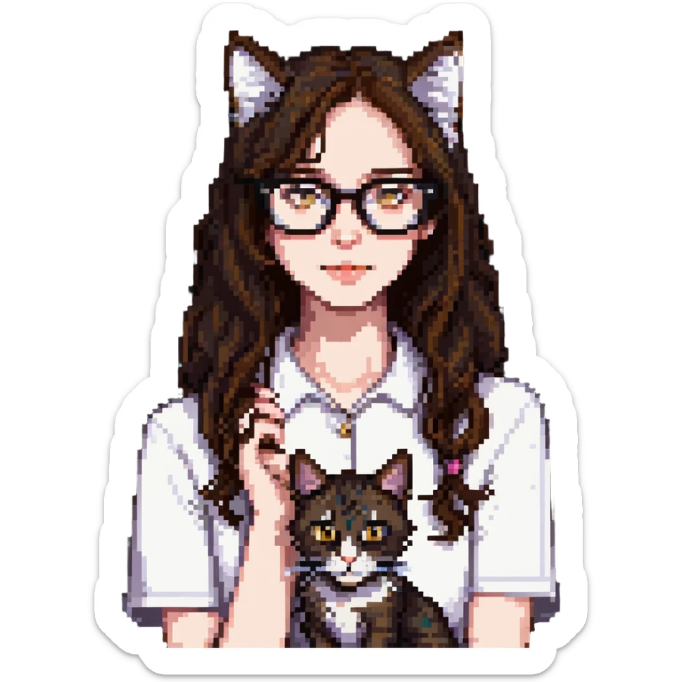 Cat-lady with dark brown hair, square glasses, hazel eyes, and pale skin sticker