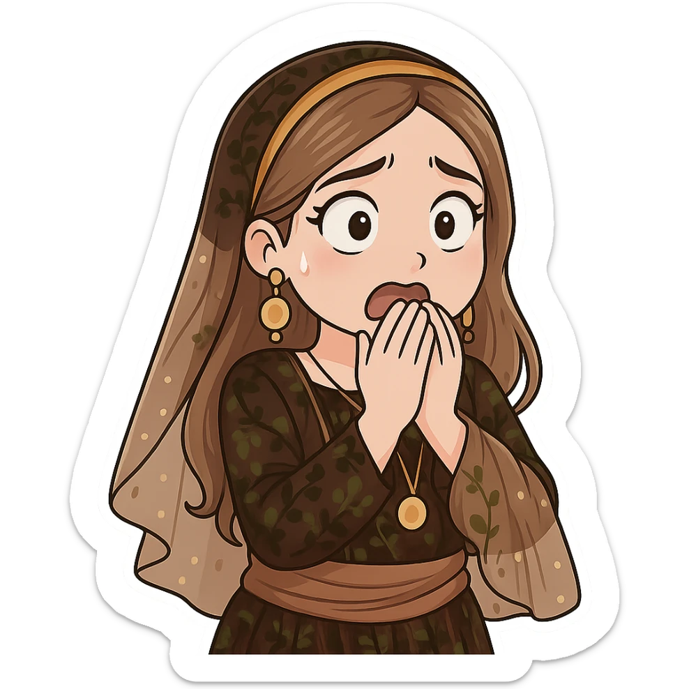 Kurdish cartoon sticker of the same woman in the new dress, scared or startled with wide eyes, hands up or covering mouth, no text, transparent background, chibi stickers style. sticker